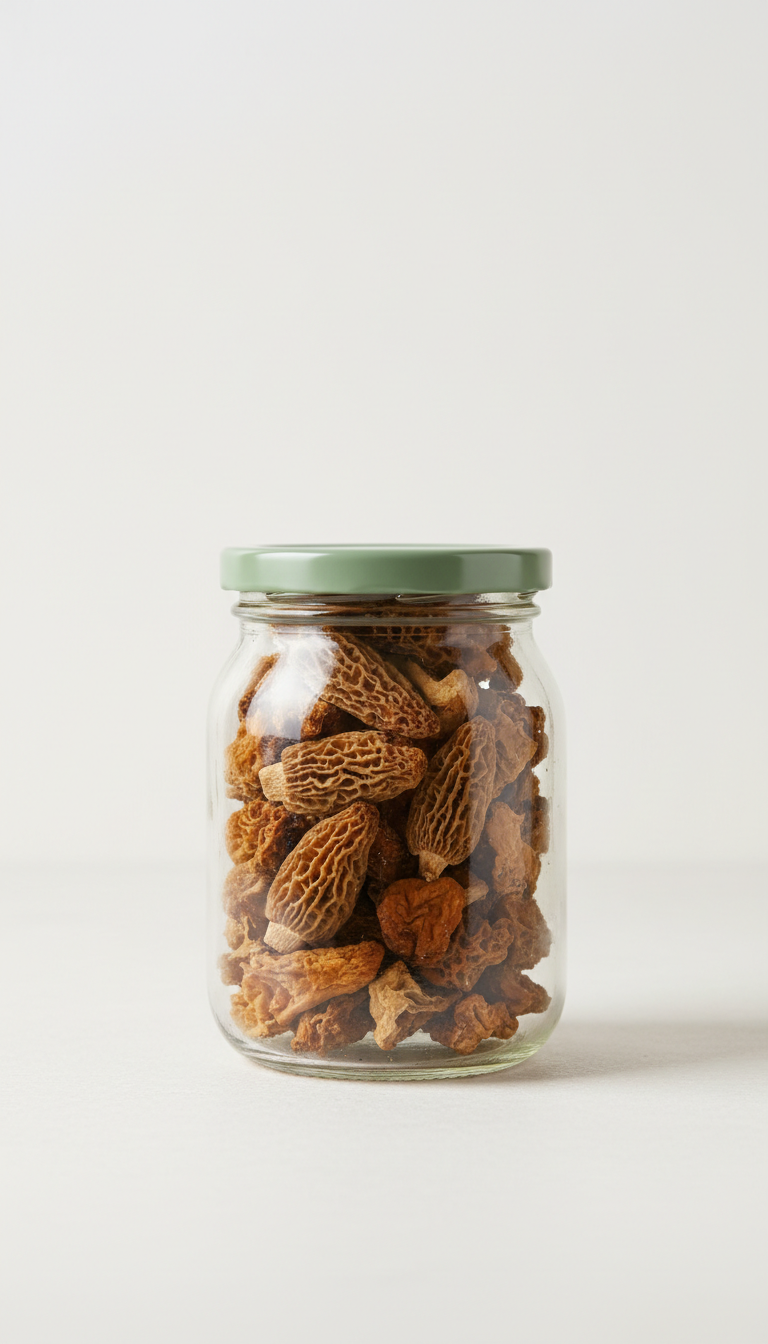 Foraged morel mushrooms glass jar