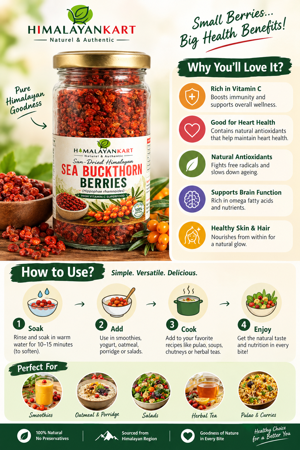 Himalayan Kart Sun-Dried Himalayan Sea Buckthorn Berries (Hippophae rhamnoides) - High Vitamin C Superfood.