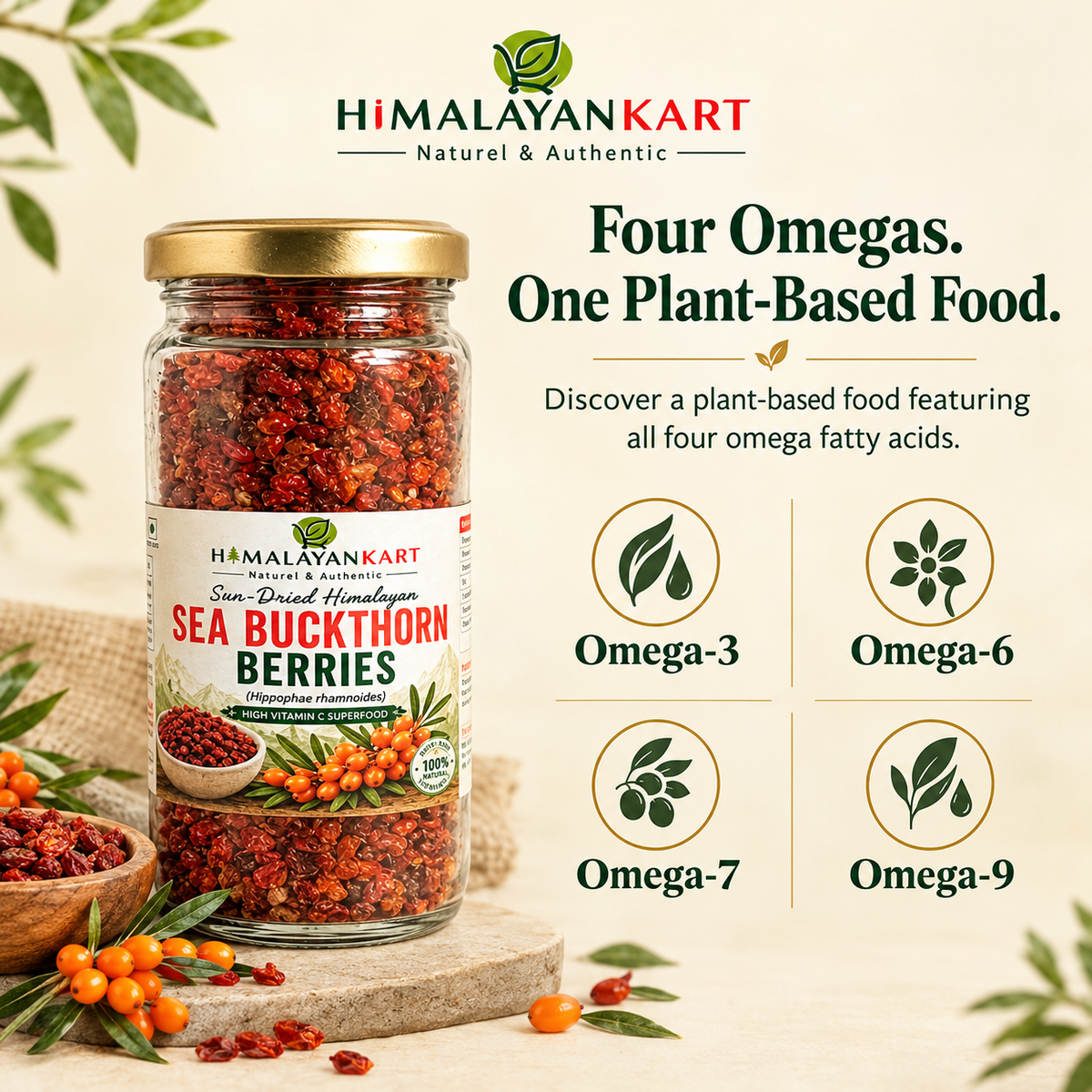 Himalayan Kart Sun-Dried Himalayan Sea Buckthorn Berries (Hippophae rhamnoides) - High Vitamin C Superfood.