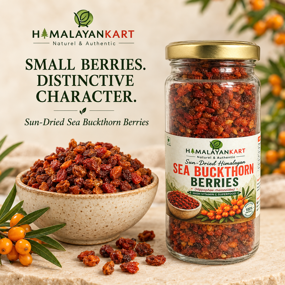 Himalayan Kart Sun-Dried Himalayan Sea Buckthorn Berries (Hippophae rhamnoides) - High Vitamin C Superfood.