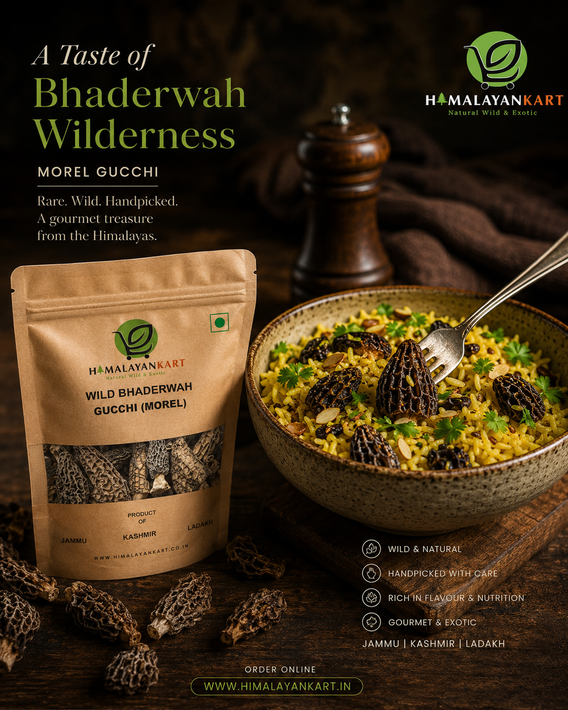 Himalayankart Wild Bhaderwahi Morel Mushrooms Gucchi 25g